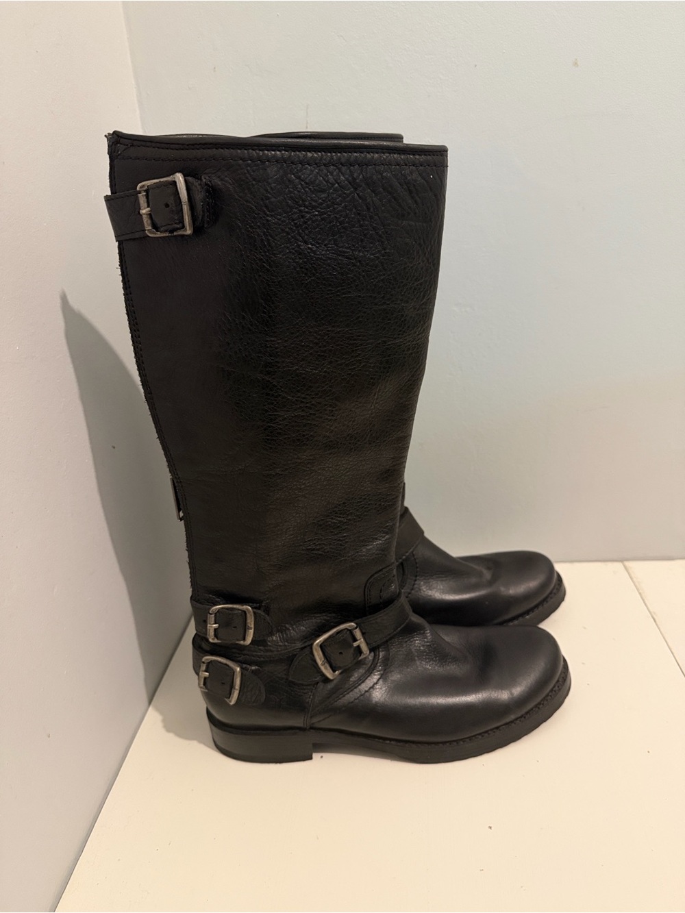 FRYE Black Leather Tall Moto Buckle Boots - Women size 7.5